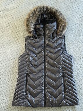 BCBGeneration Charcoal Quilted Hooded Puffer Vest with Faux-Fur Trim